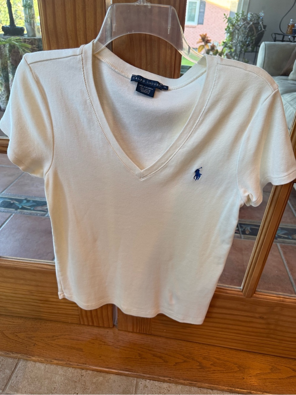 Ralph Lauren Women's V-Neck Short Sleeve Tee in White with Blue Pony
